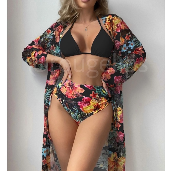 Rouge! Other - 3 Piece Tropical Print Swimwear Set Kimono Floral Black Bikini Swimsuit